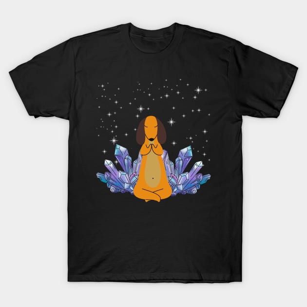 Meditating Dachshund with Crystals T-Shirt by Rebekah Thompson